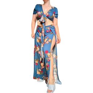 Olivaceous Floral Two Piece Set Crop Top Wrap Blouse Tulip Pants Teal Blue Tie
